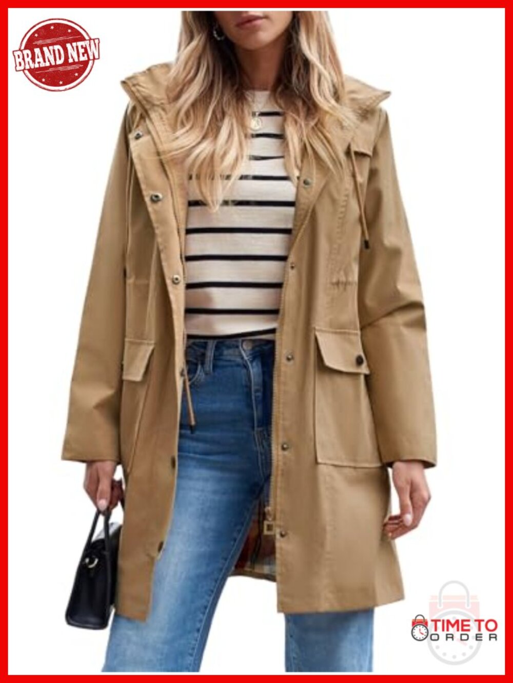 Women's Waterproof Rain Jacket Long Raincoat Hooded Windbreaker Trench Coat